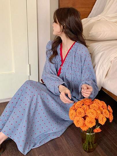Polka Dot Princess Style Bathrobe, Long Sleeve, Suitable For Spring And Summer, Plus Size, Can Be Worn As Loungewear, Essential Spring/Summer Home Essential