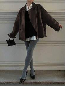 Loose Fit Basic Leather Jacket, Long Sleeve, Double-Breasted, Stylish PU Leather Jacket For Autumn/Winter - Brown - View 3