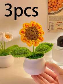 1/3支仿真向日葵，手工向日葵盆栽，钩编仿真向日葵盆栽，仿真永生向日葵盆栽，编织花束装饰，适用于家居、客厅、餐厅、卧室、办公桌、餐桌，适合秋季和开学季 - 彩色 - 查看 1