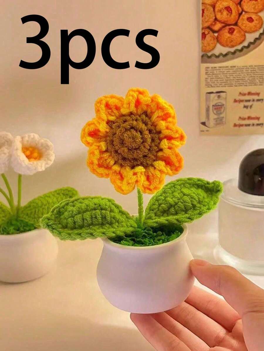 1/3支仿真向日葵，手工向日葵盆栽，钩编仿真向日葵盆栽，仿真永生向日葵盆栽，编织花束装饰，适用于家居、客厅、餐厅、卧室、办公桌、餐桌，适合秋季和开学季 - 彩色 - 查看 1