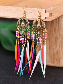 Vintage Hollow Out Long Feather Earrings, Colorful Beaded Tassel Earrings - Natural Feathers - View 2