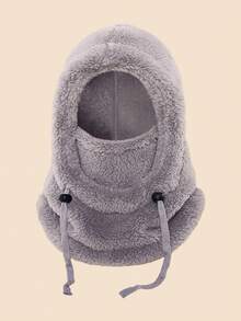 儿童毛绒拉法帽（1个装）——可调节抽绳，冬季保暖防风，防污，适合滑雪/上学/雪地玩耍