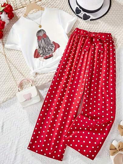 Tween Girl Graphic Print Short Sleeve T-Shirt Paired With Red Polka Dot Pants, Sweet & Cute Casual Outfit, Suitable For Outdoor Wear And Activities