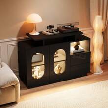 Elegant Black LED Sideboard With Oval Glass Doors And A High-Gloss Front: Combines Modern Design With Practical Storage Space. Ideal As A Display Cabinet, Sideboard, Or Minibar For Stylish Spaces. - Black - View 2