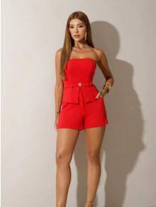 STARFASHIION Conjunto Feminino Tecido Sarjado Vermelho Shorts e Blusa Tomara q Caia Elegante Festas Natal Ano Novo Verão TENDENCIA/MODAGRINGA - Vermelho - Visão 4