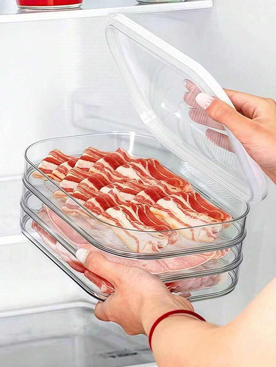 三层可叠放冰箱食品保鲜盒，带盖，适用于腌制肉类、培根和午餐肉。这些三层可叠放食品保鲜盒非常适合存放冷切肉、萨拉米香肠、熟肉和预制食品。它们也可用于食物冷藏和冷冻。