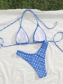 Bộ bikini PEPPERMOLLY mới, mềm mại, có đệm mút, họa tiết chấm bi xanh trắng, dây mảnh, hở lưng, gợi cảm, thích hợp cho các bữa tiệc mùa hè, đi biển, nghỉ mát dành cho nữ. - xanh và vàng - Xem 4