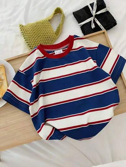 Young Boy Summer Striped Short Sleeve T-Shirt, Elastic Breathable Soft Cotton Tee, Lightweight Summer