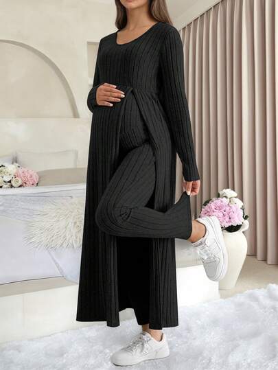 2pcs Maternity Casual Set, Black Ribbed Long Sleeve V-Neck Slit Front Top With Belly Support Pants, Fashionable & Comfortable Pregnancy Nursing Wear Spring