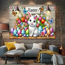 2D Flat, 1pc Easter Bunny Backdrop With Floral Tulips, Pastel Eggs, Butterflies - Rustic Easter Decor For Parties, Photo Booths, Home - No Electricity Required - 1PCS - View 6