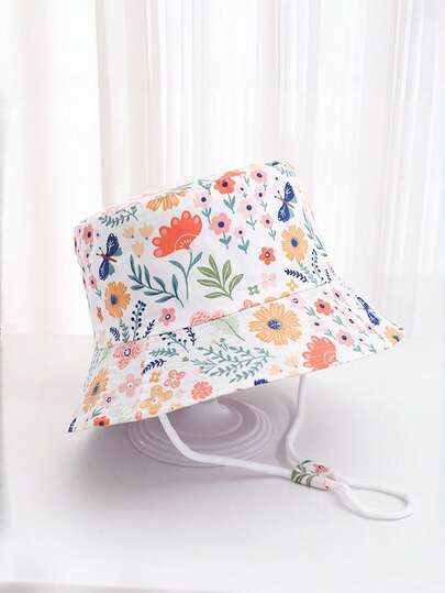 1顶儿童可爱卡通花卉户外防晒渔夫帽，可调节，防风，适合春夏季节、度假和旅行