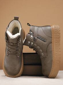 Men's Boots, Thick Sole Snow Boots, Classic Glossy Leather Side Zipper Mid-Calf Boots, Fashion Versatile Winter Outdoor Travel Hiking Boots, Thermal Lining Warm Insulation