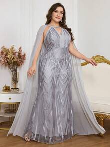 Plus Size V-Neck Flare Sleeve Long Evening Gown (Heavily Embellished) Wedding Party Spring - Grey - View 4