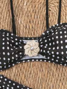 wohenmeili Women's Beach Vacation Polka Dot Print Bikini Set - Black Background With White Dots - View 4