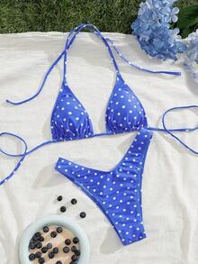 PEPPERMOLLY 新款柔软衬垫蓝白波点印花细肩带露背性感派对比基尼套装，夏季沙滩时尚女士泳装度假装 - 藍白色 - 查看 3