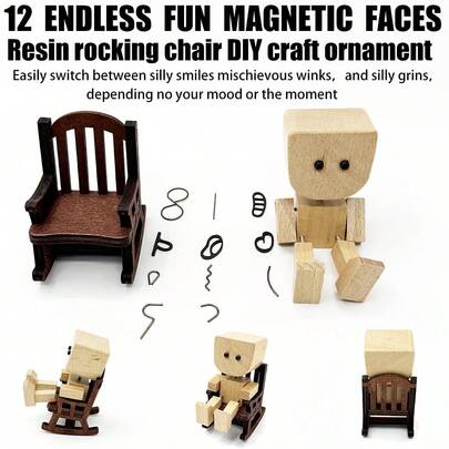 1Set Changeable Wooden Robot With 12 Mood Faces & Resin Rocking Chair - DIY Your Own Expressive Companion. Customize Its Smile, Wink, Or Thoughtful Look To Match Your Daily Vibe. This Handcrafted Wooden Robot Comes With A Charming Resin Rocking Chair, Perfect For Display In Your Bedroom, Car, Study, Kitchen, Or Bathroom. A Unique, Creative Display Piece And Expressive Gift That Adds Personalized To Any Space. Room Decor Home Decor Decor Ornaments Home Miniature Things