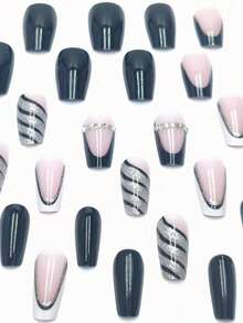 24 piezas Pegatinas de uñas completas de arte de uñas falsas en 3D con patrón de vaca con strass en blanco y negro, incluye pegamento de gelatina y una lima de uñas, suministros para uñas uñas falsas uña falsa uña acrílica - Blanco y Negro - Ver 4