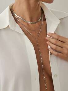 1 Set Of 3pcs Y-Shape Tassel Chain Necklace Set, Minimalist Hiphop Silver Metal Snake Bone Chain Necklace Suitable For Women Daily, Party, Vacation Wear - Silver - View 7