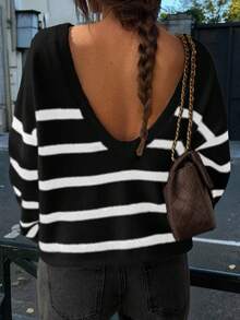 Just Masa Women's Casual Loose Striped Backless Short Long Sleeve Sweater, Winter - White and Black Stripes - View 6