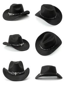 1顶男士涤纶西部牛仔帽，复古风格，男女皆宜，饰有公牛图案，适合休闲穿着、西部牛仔派对、酒吧等场合。