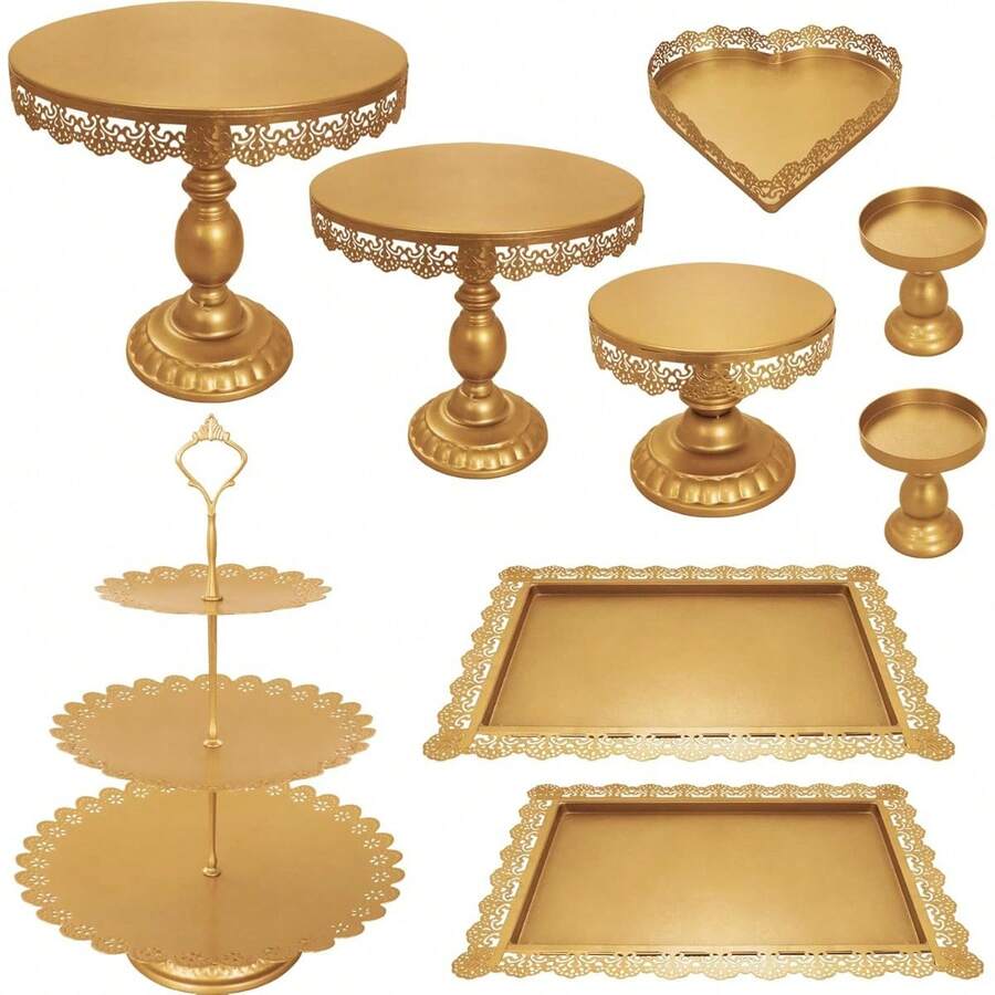 Set Of Cake Stands Metal Cupcake Stand Set Multiple Styles Candy Fruit Display Tower Dessert Plate Cake Serving Tray For Party Wedding Anniversary Shower Engagement - Vàng - Xem 1