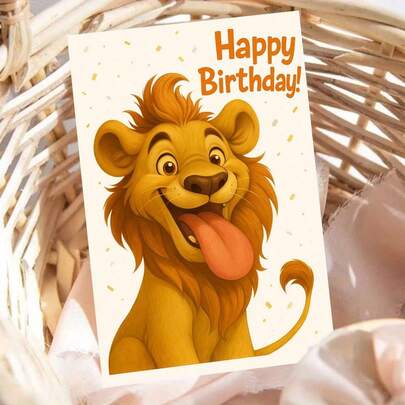 1pc Playful Lion Birthday Card- "Happy Birthday" Design, Bright Background With Lion & Confetti Accents, Perfect For Animal-Loving Adults, Ideal For Cheerful Birthday Wishes & Fun Celebrations, Lion Birthday Card|Animal Theme Card|Paper Greeting Card, Birthday Gift