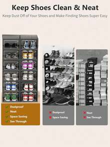 12 Pack XXL Shoe Organizer Storage Rack Clear Plastic Stackable Shoe Boxes For Closet, Space Saving Foldable Shoe Storage Case, Sneaker Storage Shoe Box Container - XXL Black - View 5