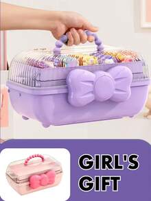 1 pieza Organizador de accesorios para el cabello: Caja de almacenamiento de 3 niveles con divisores, cierre con forma de lazo y asa de transporte | Gran capacidad | Almacenamiento duradero rosa o morado para horquillas, tarjetas de goma, pegatinas y manualidades | Regalo perfecto para niñas.