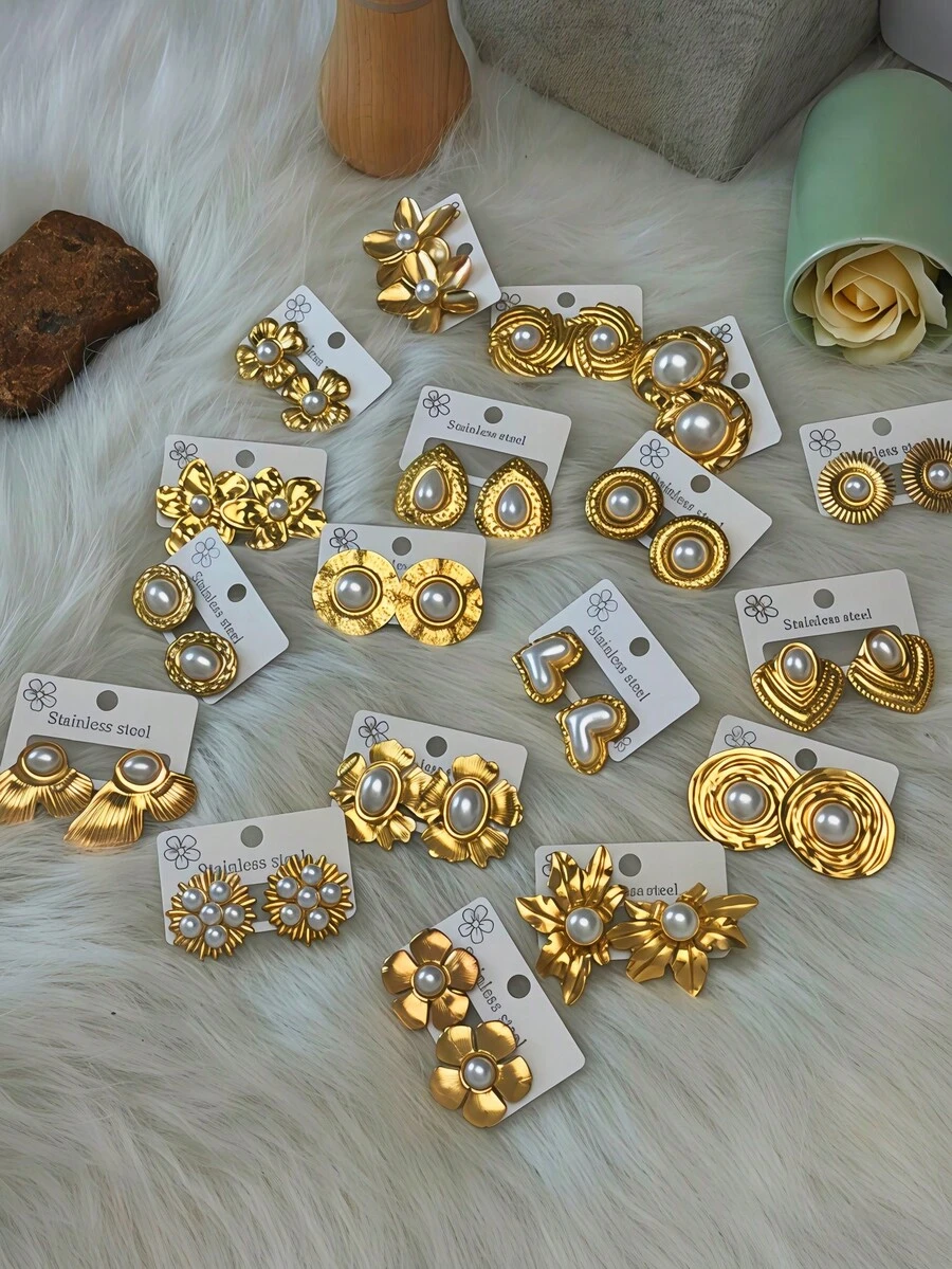 20只/套 时尚独特随机款式卡片耳钉套装，不锈钢耳针，适合作为礼物送给同学和朋友，厂家直销，女士耳环，金耳环，女士金耳环 - 彩色 - 查看 1