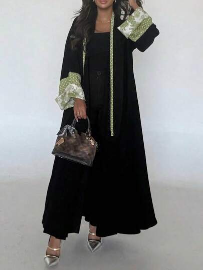 1pc Fashionable Minimalist Floral Retro Print Layered Slit Sleeve Middle Eastern Style Maxi Dress, Elegant Cardigan Abaya Suitable For Daily Wear And Festivals