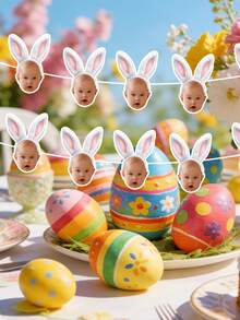 7/14/21件套定制个性化兔耳朵脸部照片三角旗横幅 - 可定制您自己的照片 - 兔子主题复活节派对装饰，适合生日、周年纪念日、复活节派对 - 可印制您照片的纸质花环 - 粉紅白色 - 查看 4