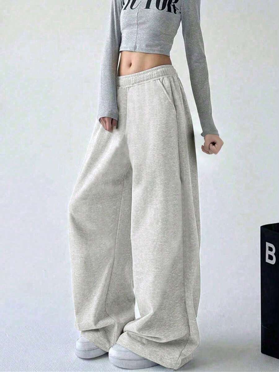 1件装少女休闲直筒保暖裤，适合户外运动和锻炼，时尚简约设计 - 淺灰色 - 查看 1