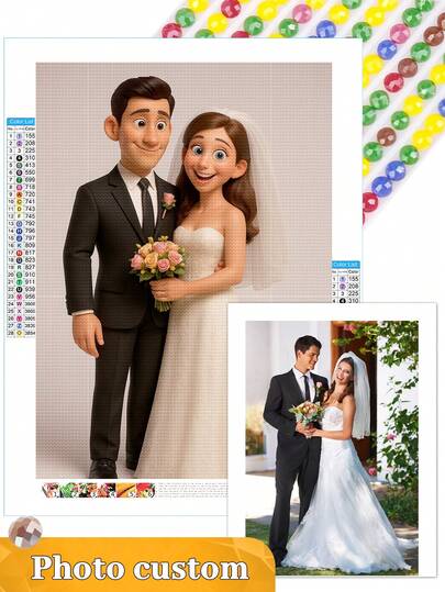 1 قطعة طقم رسم الألماس لصورة الزفاف المخصصة: لوحة شخصية للزوجين بأسلوب كرتوني - فن DIY للمتزوجين حديثًا، هدية عيد الزواج، أو اكسسوار ديكور المنزل، لوحة ألماس للزوجين الكرتونية المخصصة، لوحات معلقة رومانسية للمنزل