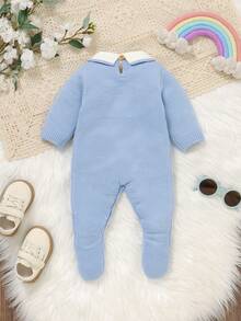 Sky Blue Newborn Sweater, Fashionable Rainbow Jacquard Collar Jumpsuit For Little Gentleman - Blue - View 4