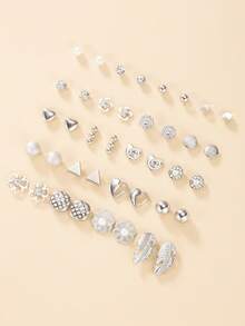 40pcs/Set Fashionable Minimalist Metal Rhinestone & Glass Stud Earrings Set, Floral & Letter Design, Jewelry Gift Set For Women, Suitable For Daily Wear - Silver - View 4