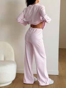 GLOpass 粉色条纹圆领长袖两件套，舒适休闲女装，适合居家、日常穿着和春季外出。 - 粉色 - 查看 4