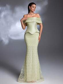 AMILUCK 新款奢华高端时尚年轻优雅女士亮片蕾丝缎面露肩荷叶边美人鱼尾长裙，正式晚宴派对红毯婚礼宾客礼服 春季 - 淡黃色 - 查看 5