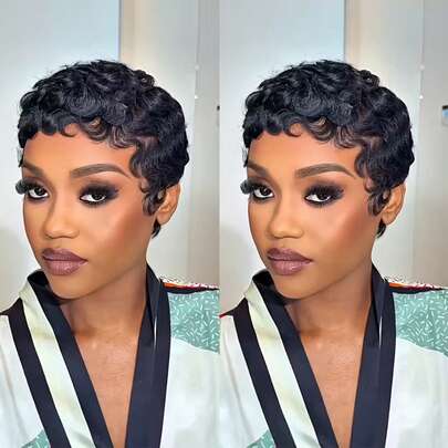 1B Svart & 99J Vinröd Lockig Vågig Kort Peruk, 100 % Äktahår Pixie Cut Peruk, Lagerklippt Pixie Kort Peruk Med Lugg, Realistisk Spetsfri Hel Maskinvävd Peruk, Lämplig För Dagligt Bruk