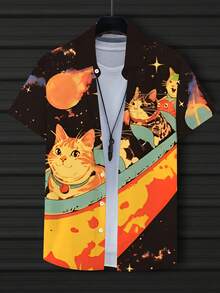 Men'S Space-Themed Cat Shirt - Breathable Short Sleeve Button-Up With Lapel Collar, Lightweight Summer Beach Shirt For Everyday & Formal Outfits - Machine Washable Casual Button-Front Top, Cat Shirt, Vibrant Print Top, Heat Transfer Print, Daily Wear, Playful Design, Durable Construction, Printed Top, Young Adults - Nhiều màu - Xem 2