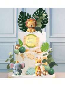 27 chiếc hoặc 1 chiếc Topper hình động vật sư tử voi hươu cao cổ lá cọ bóng xốp cho trang trí bánh sinh nhật theo chủ đề động vật hoang dã - động vật hạnh phúc - Xem 3