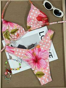 Women's Fashion Floral Print Halter Bikini Set Set - Multicolor - View 3