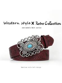 1 Piece, Turquoise-Inlaid Western Belt, Silver-Plated Antique Floral Buckle Leather Belt, Vintage Bohemian-Style Ladies' Belt, Denim Fashion Accessory Suitable For All Seasons. - Multicolor - View 1