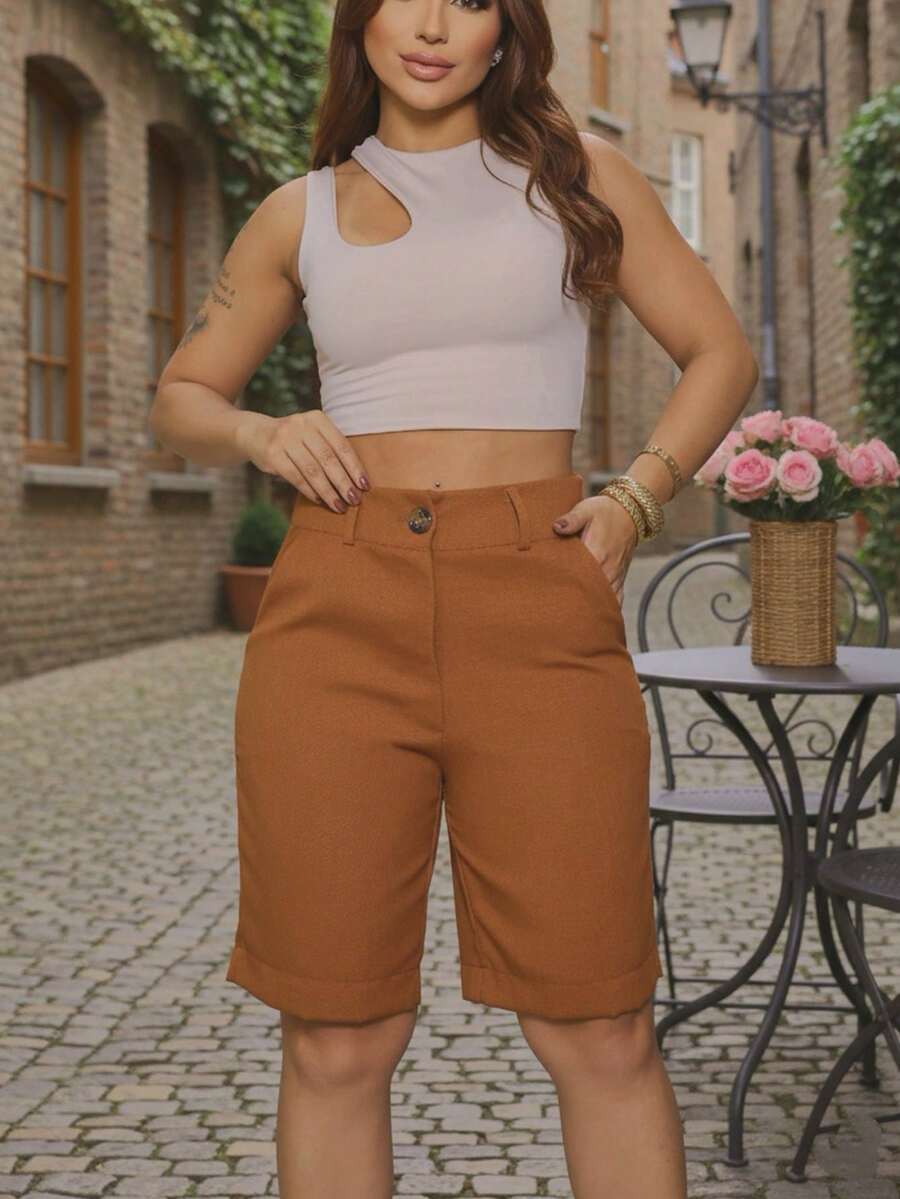 Bermuda Feminina De Linho Com Bolsos Ziper Elegante e Estilosa Verão - Caramelo - Visão 1