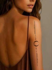 1pc Waterproof Temporary Tattoo Sticker, Moon, Stars Long Size Black Tattoo Sticker For Women Men, Suitable For Hand, Arm, Leg, Back Tattoo Patch - Black - View 2