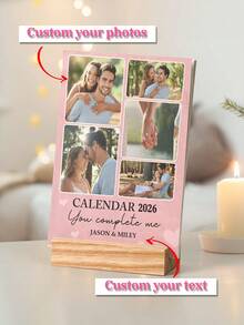 情侣主题定制爱情个性化相框日历，可定制情侣照片，粉色系，木质支架，相册式日历，家居装饰品，桌面摆件，周年纪念礼物，情人节礼物 - 彩色 - 查看 4