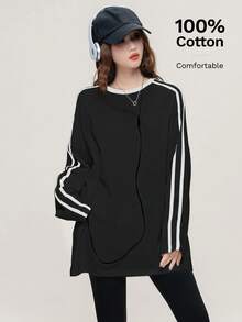 女士通勤装春季条纹长袖T恤，时尚百搭 - 057黑拼白 - 查看 3