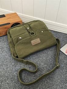 字母贴片邮差包 绿色翻盖可调节肩带 经典复古邮差包 - 原装重磅帆布单肩包，功能升级 适合教师、女性、女友和家庭的最佳礼品包