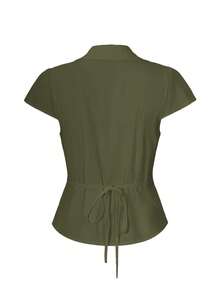 Y2K Preppy Style Women's Shirt, With Collar, Front Button, And Tie Back Design, Fitted Cute Short Sleeve Top, Suitable For Graduation Season, Street Style And Dates Summer - Army Green - View 4