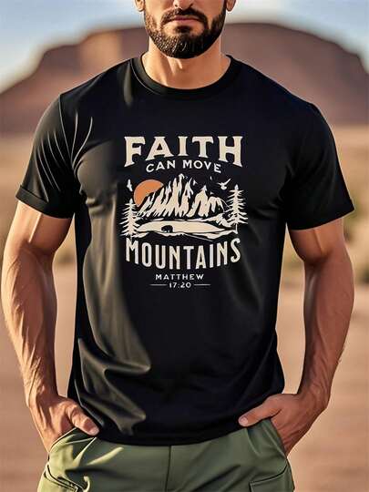 Camiseta Deportiva Inspirada en la Fe Cristiana para Hombres - "La Fe Puede Mover Montañas" Mateo 17:20 Versículo Bíblico - Tela Suave y Transpirable para Gimnasio y Actividades al Aire Libre - Negra con Impresión Blanca - Ropa Casual de Calle para Todas las Estaciones para Iglesia, Senderismo, Entrenamiento - Lavable a Máquina, Conjunto de Senderismo, Camiseta Motivacional, Construcción Duradera, Ropa Basada en la Fe, Entusiastas del Fitness
