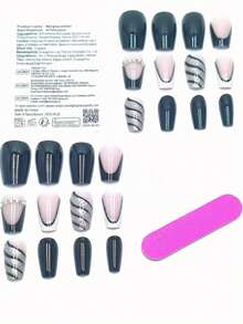 24 piezas Pegatinas de uñas completas de arte de uñas falsas en 3D con patrón de vaca con strass en blanco y negro, incluye pegamento de gelatina y una lima de uñas, suministros para uñas uñas falsas uña falsa uña acrílica - Blanco y Negro - Ver 5